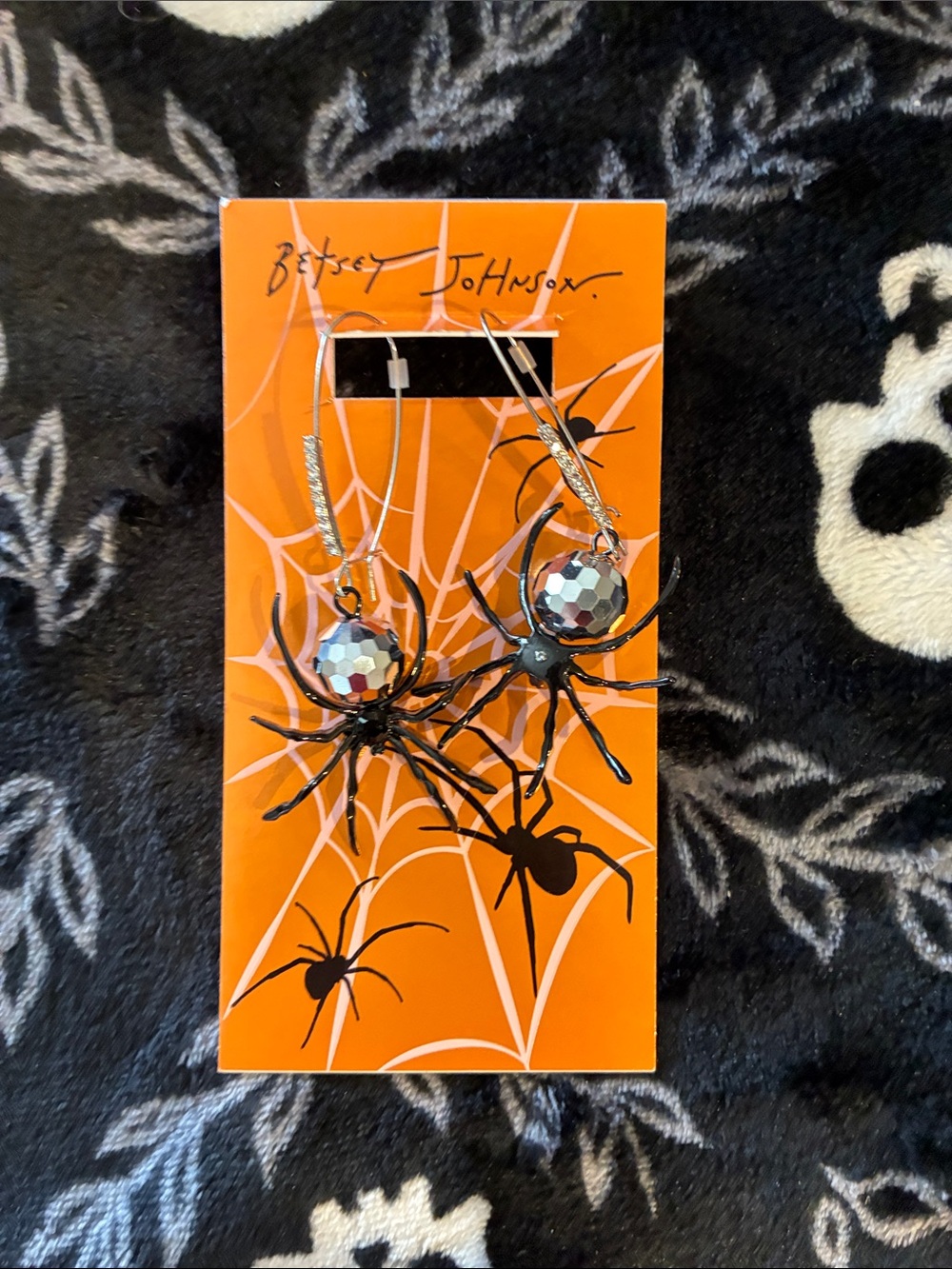 Betsey Johnson Black Spider Earrings with Silver Disco Balls